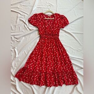 Violet Skies floral ruffle midi dress in red